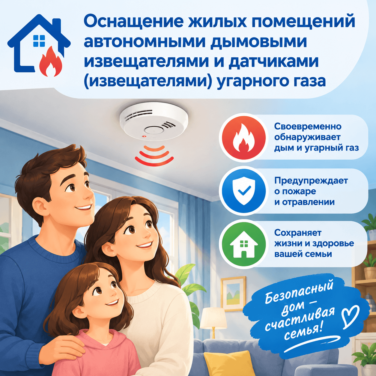 Оснащение жилых помещений автономными дымовыми извещателями и датчиками (извещателями) угарного газа